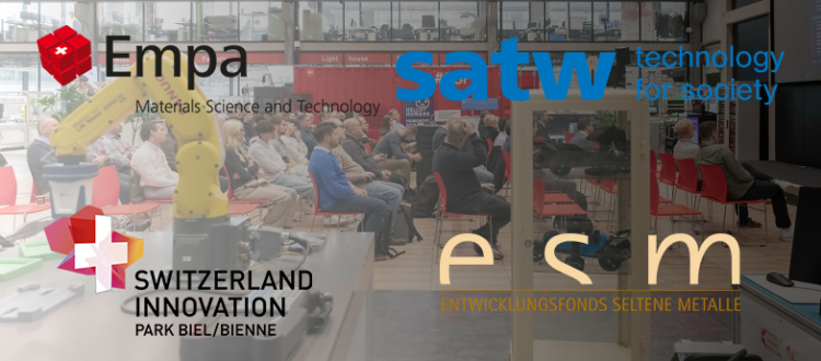 Audience attending a conference with translucent partner logos overlaid Empa SATW Switzerland Innovation Park BielBienne and ESM Entwicklungsfonds Seltene Metalle